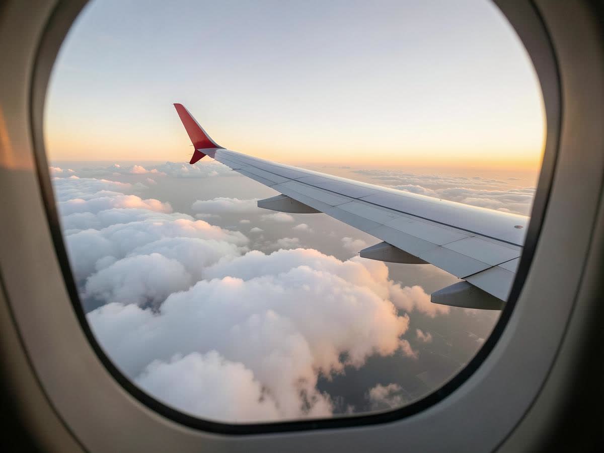 Aile d'avion au-dessus des nuages au lever du jour